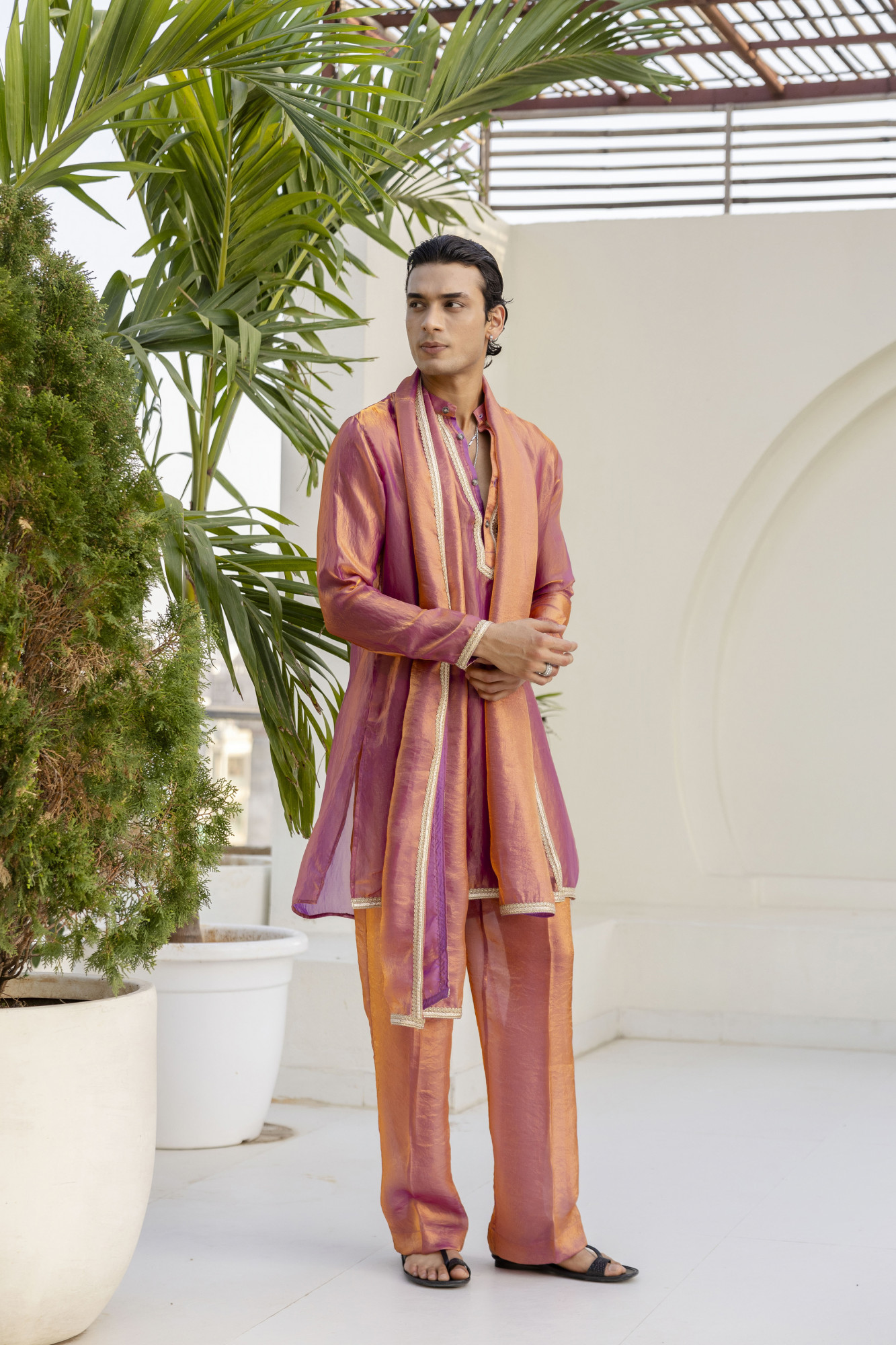 Laced Tissue Kurta Set In Pink