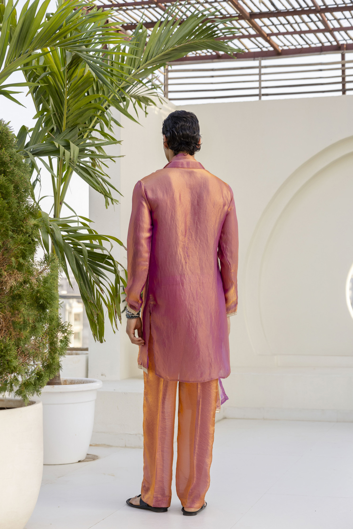 Laced Tissue Kurta Set In Pink