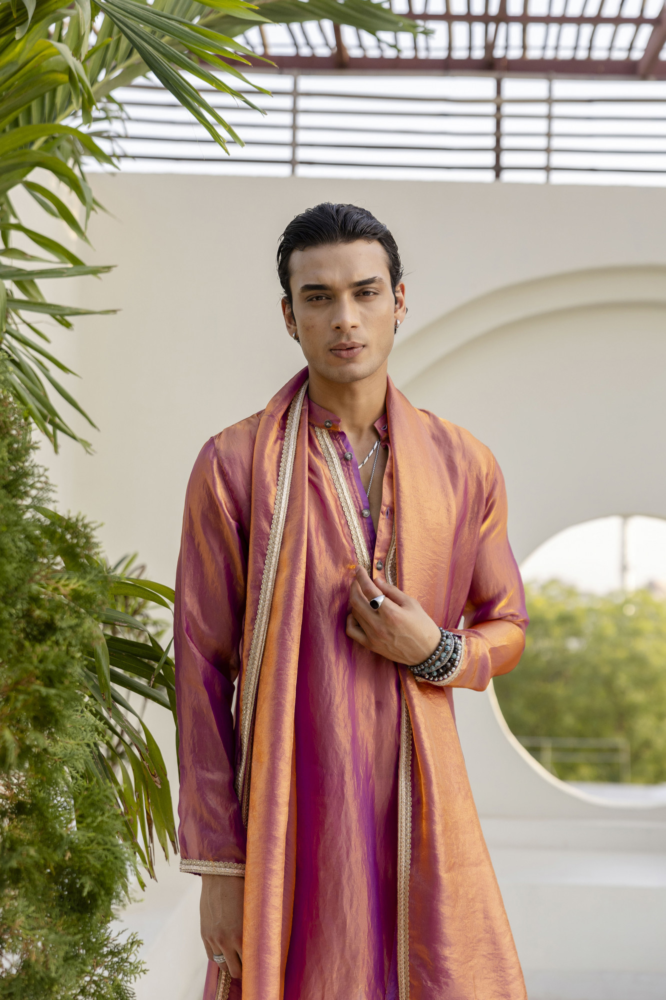 Laced Tissue Kurta Set In Pink