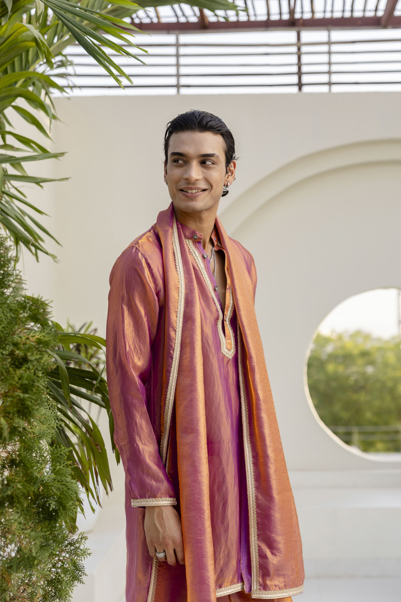 Laced Tissue Kurta Set In Pink