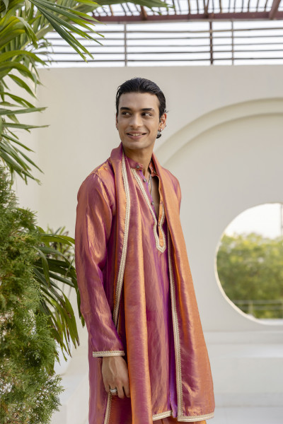Laced Tissue Kurta Set In Pink