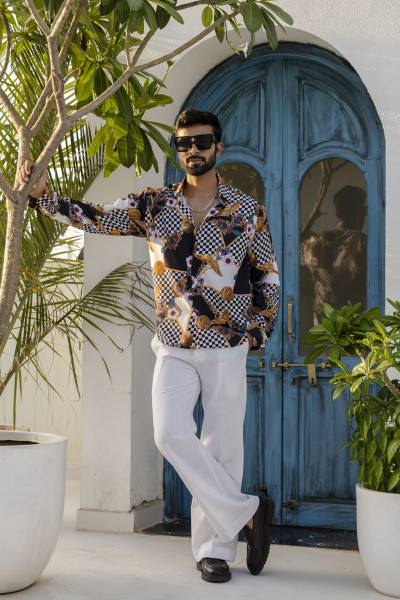 Gold Chess Printed Shirt In Satin