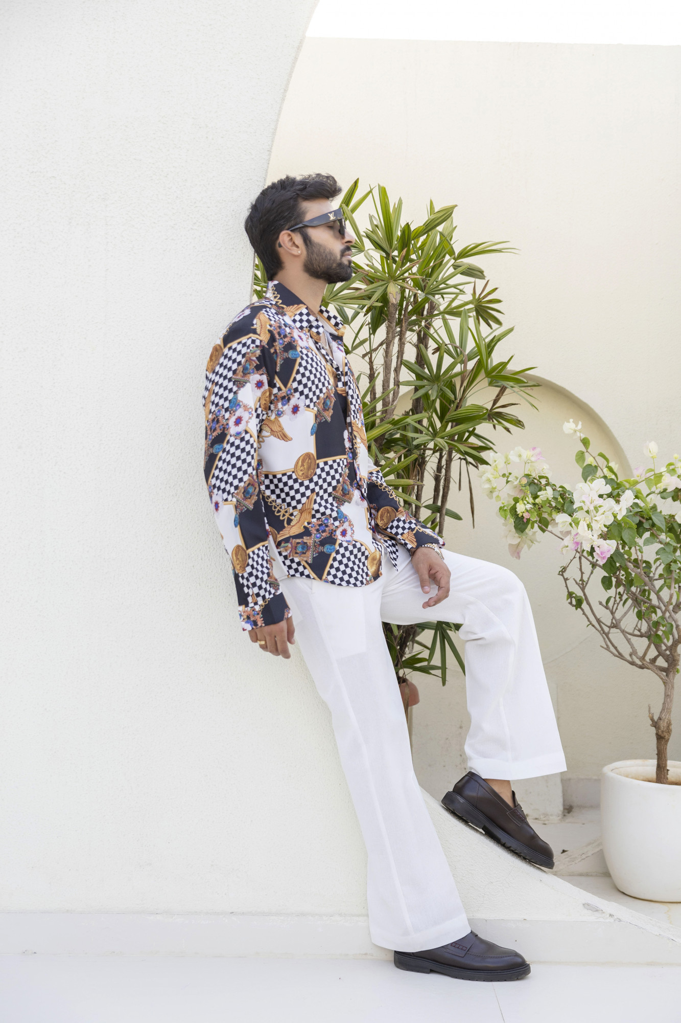 Gold Chess Printed Shirt In Satin