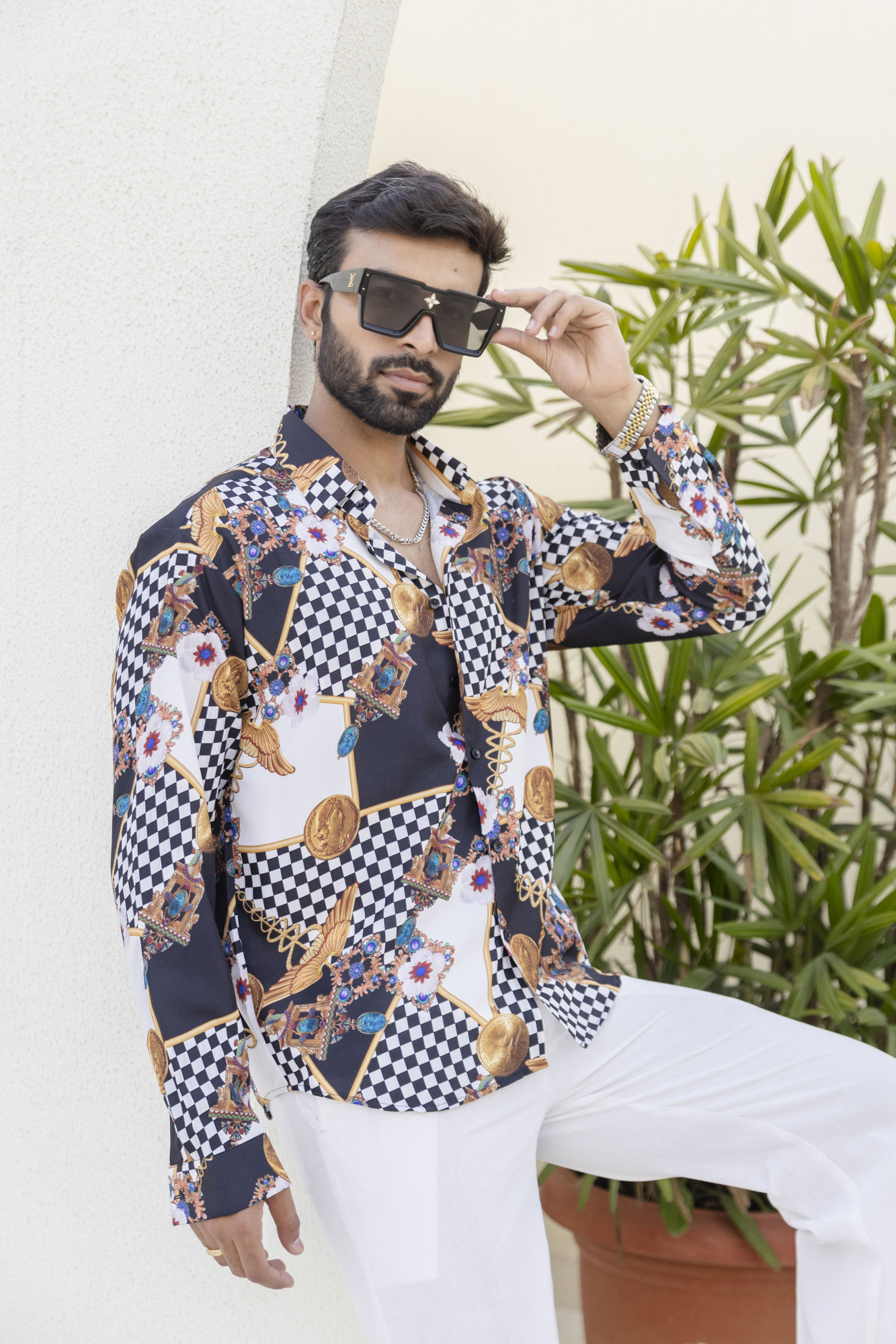 Gold Chess Printed Shirt In Satin