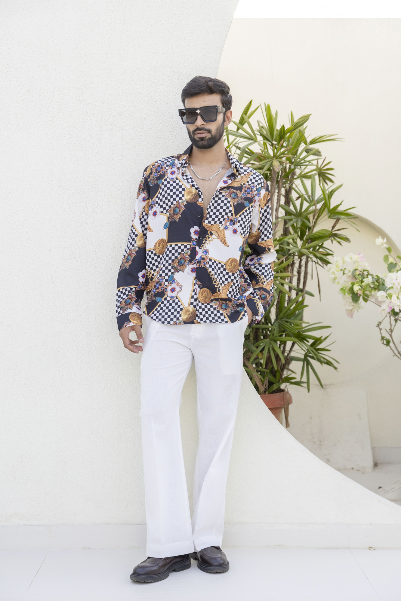 Gold Chess Printed Shirt In Satin