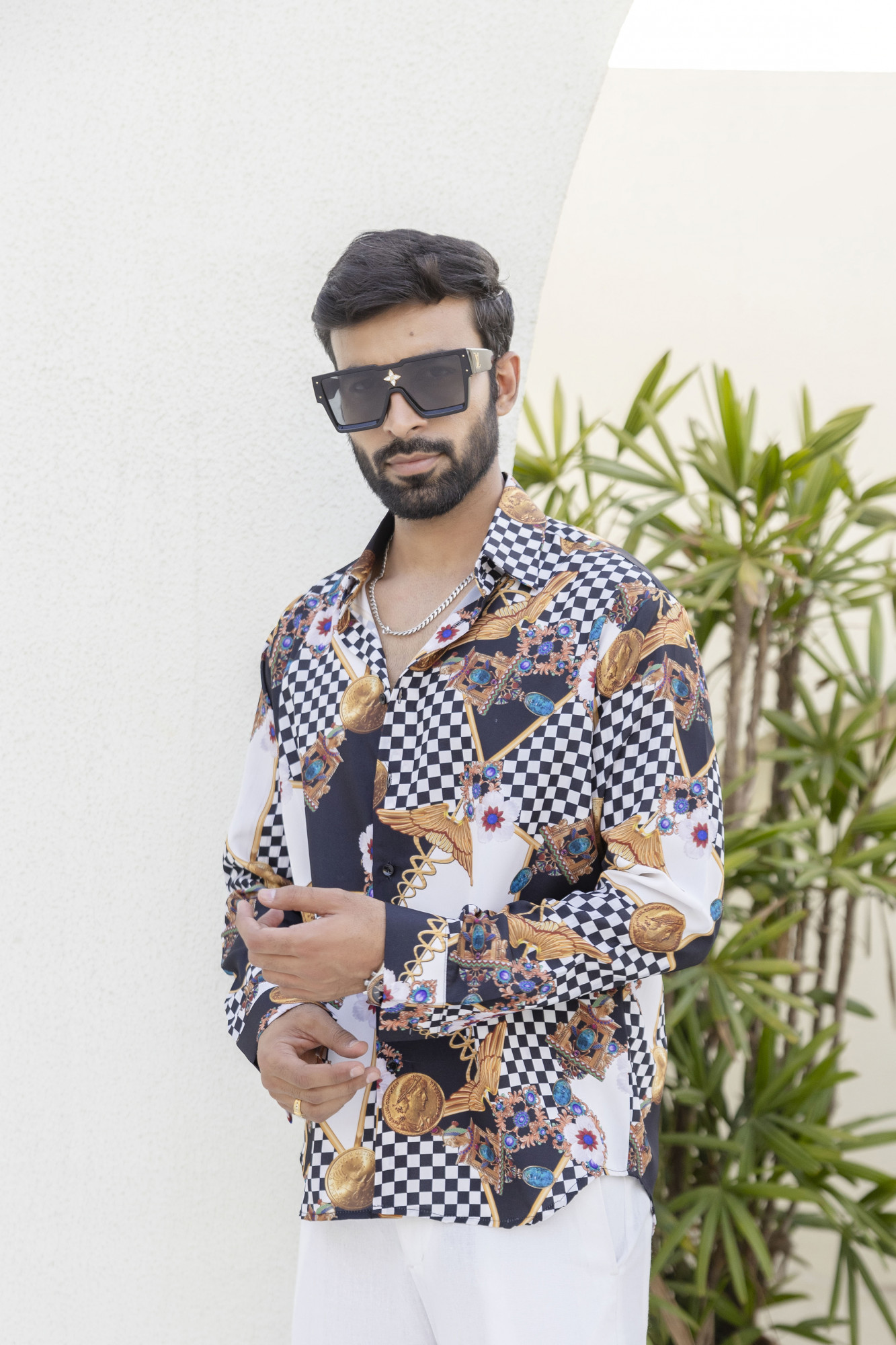 Gold Chess Printed Shirt In Satin
