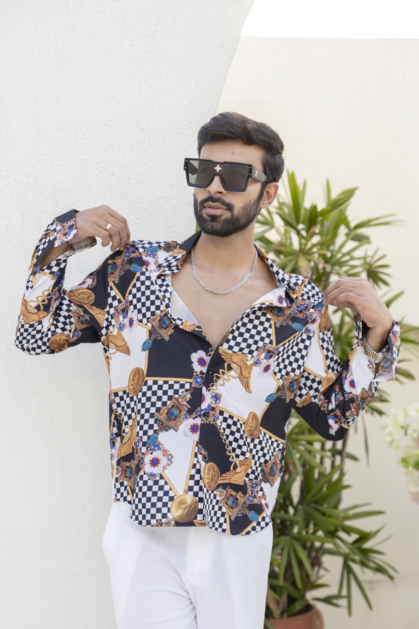 Gold Chess Printed Shirt In Satin