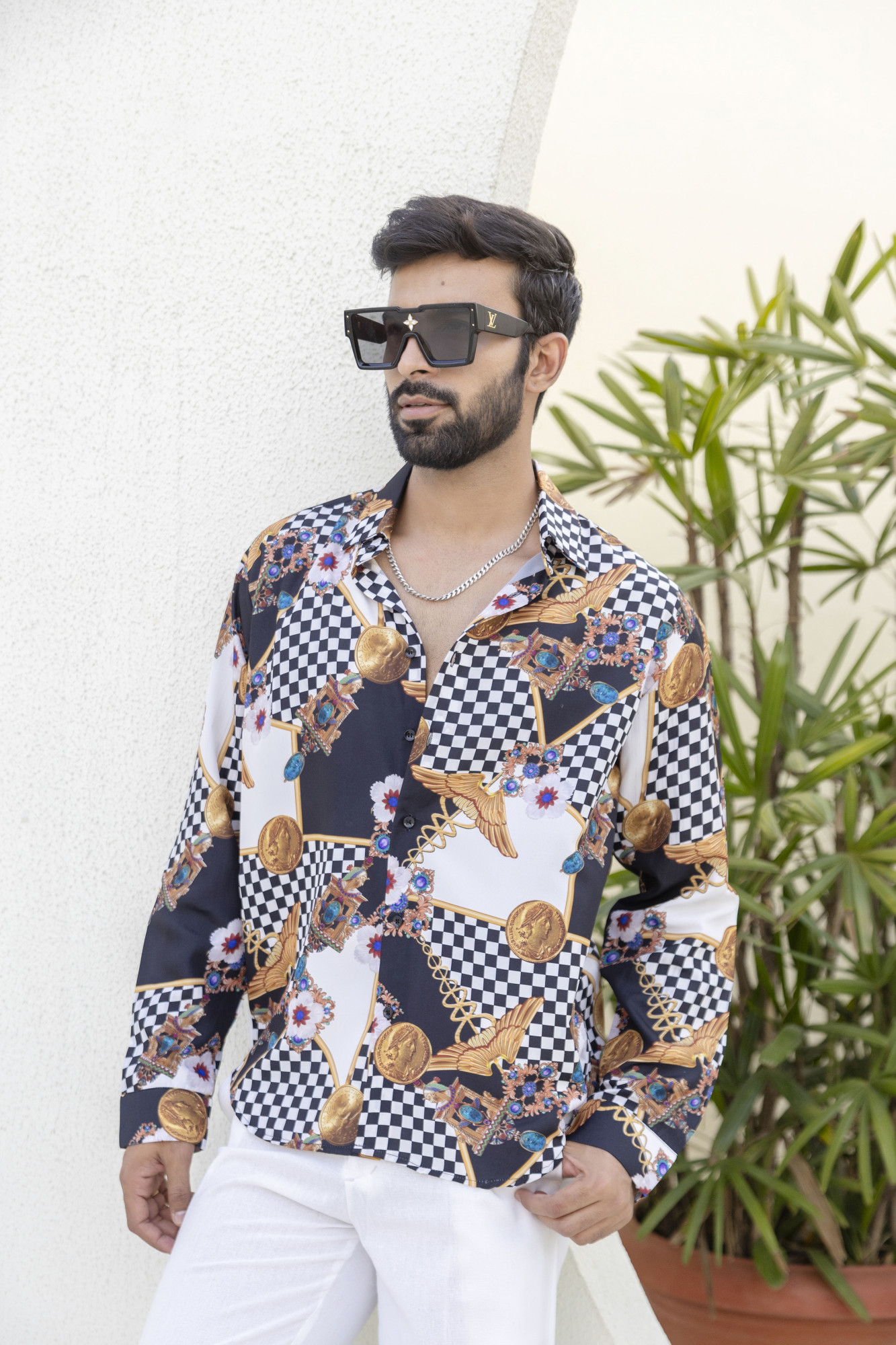 Gold Chess Printed Shirt In Satin