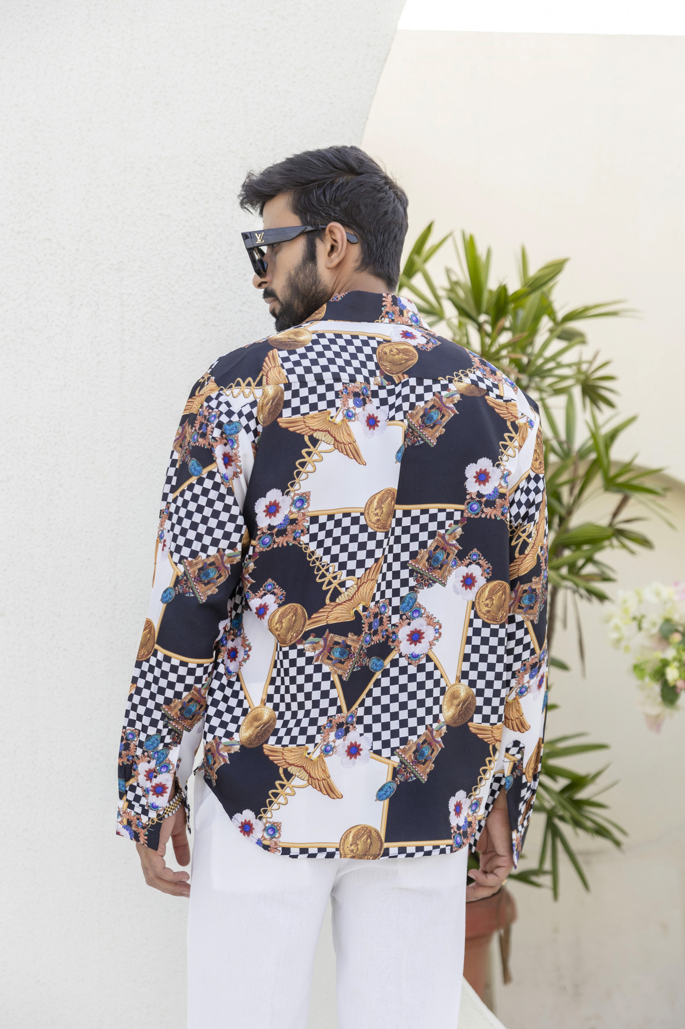 Gold Chess Printed Shirt In Satin