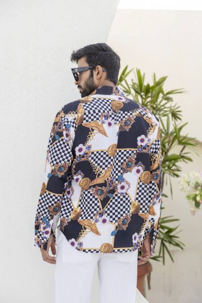 Gold Chess Printed Shirt In Satin