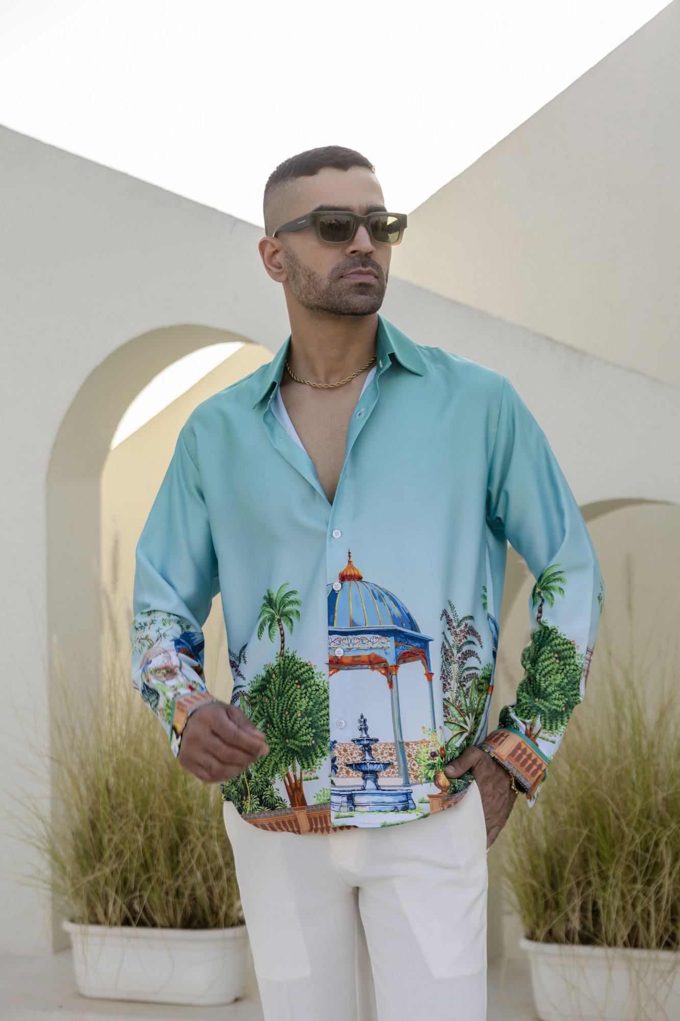 Printed Satin Shirt In Blue Lagoon