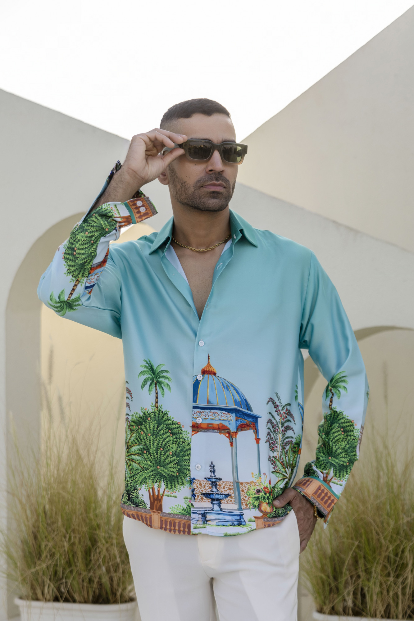 Printed Satin Shirt In Blue Lagoon