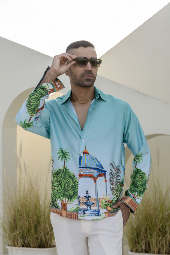 Image of Printed Satin Shirt In Blue Lagoon