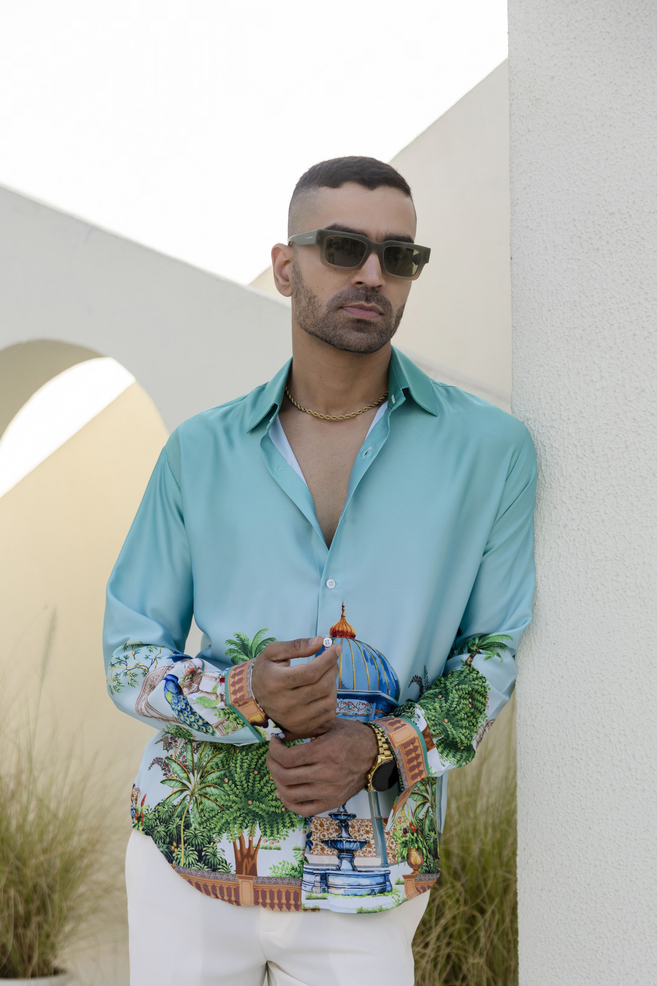 Printed Satin Shirt In Blue Lagoon