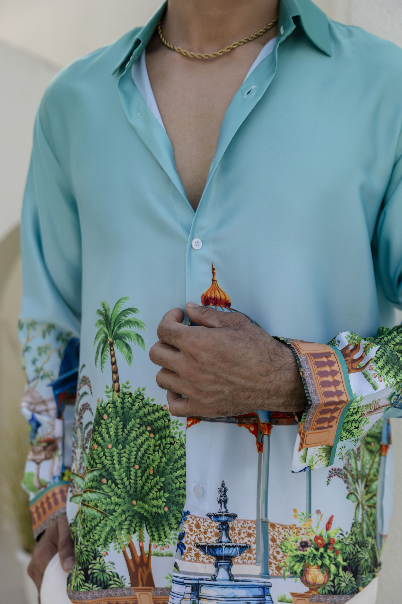 Printed Satin Shirt In Blue Lagoon