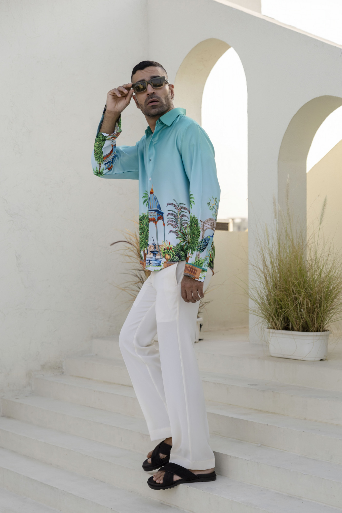 Printed Satin Shirt In Blue Lagoon