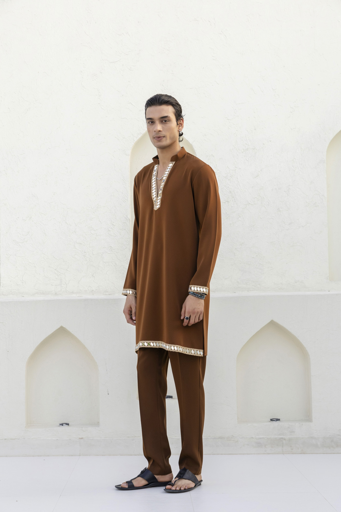 Mirror Laced Japanese Kurta In Tan