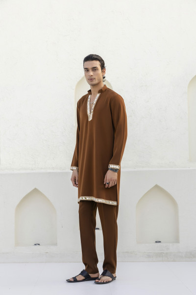 Mirror Laced Japanese Kurta In Tan
