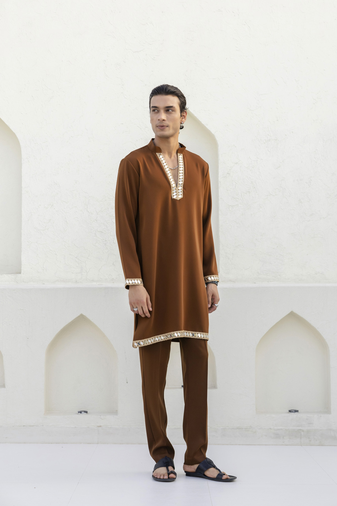 Mirror Laced Japanese Kurta In Tan