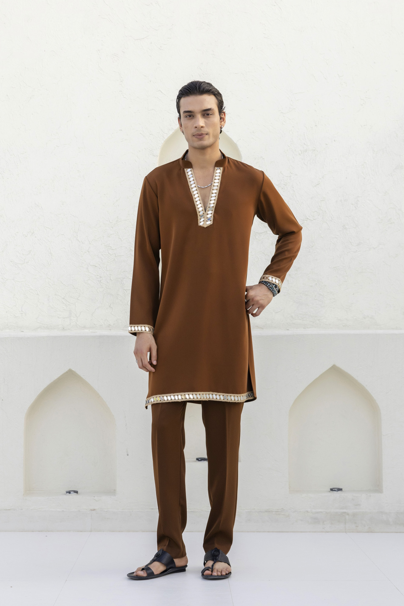 Mirror Laced Japanese Kurta In Tan