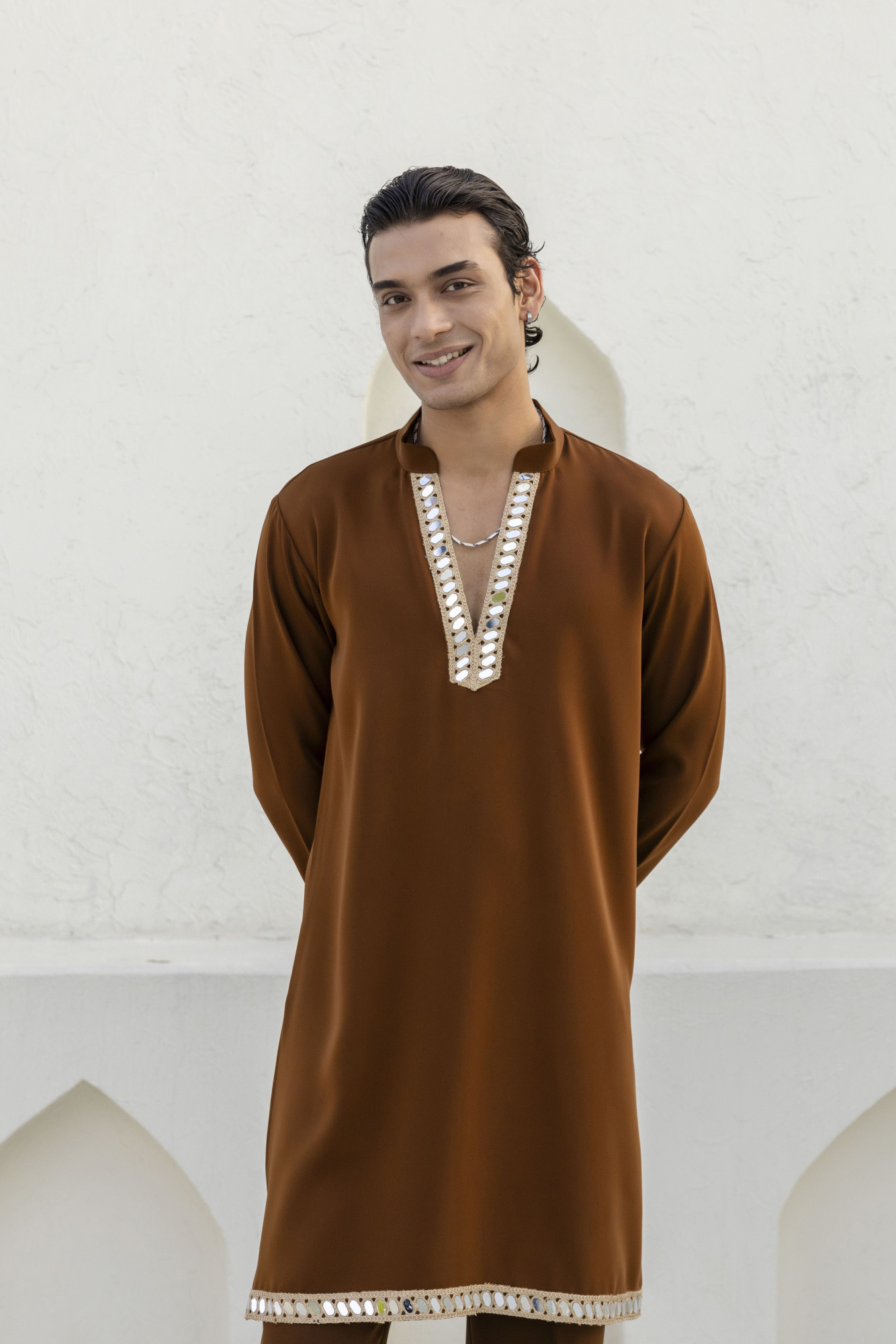 Mirror Laced Japanese Kurta In Tan