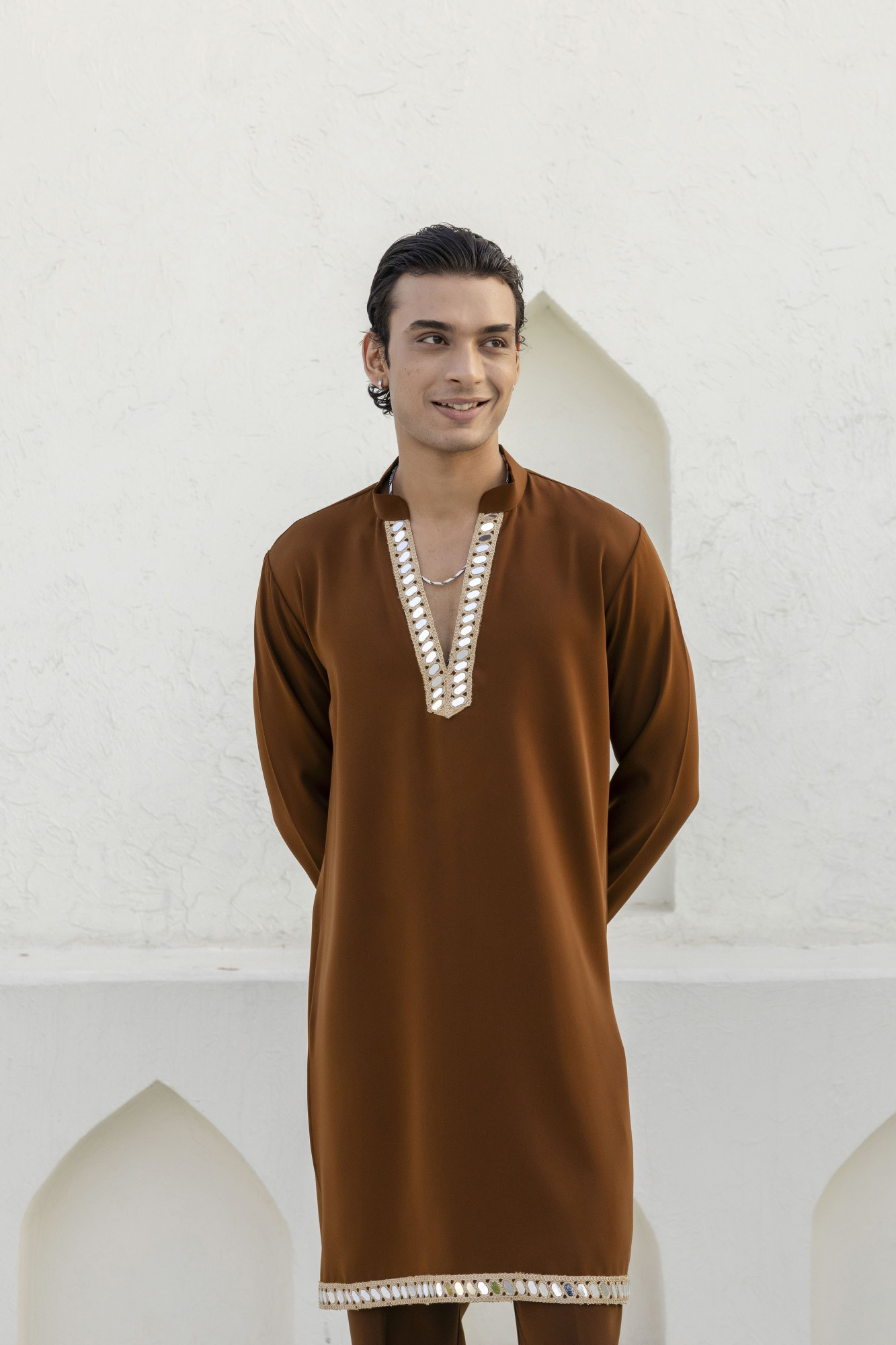 Mirror Laced Japanese Kurta In Tan