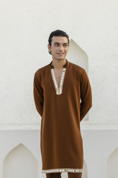 Mirror Laced Japanese Kurta In Tan