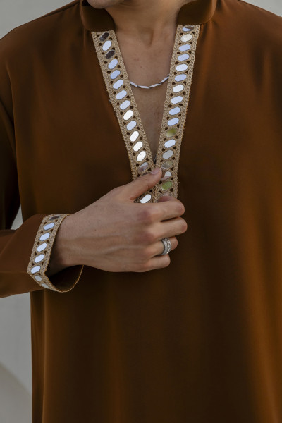 Mirror Laced Japanese Kurta In Tan
