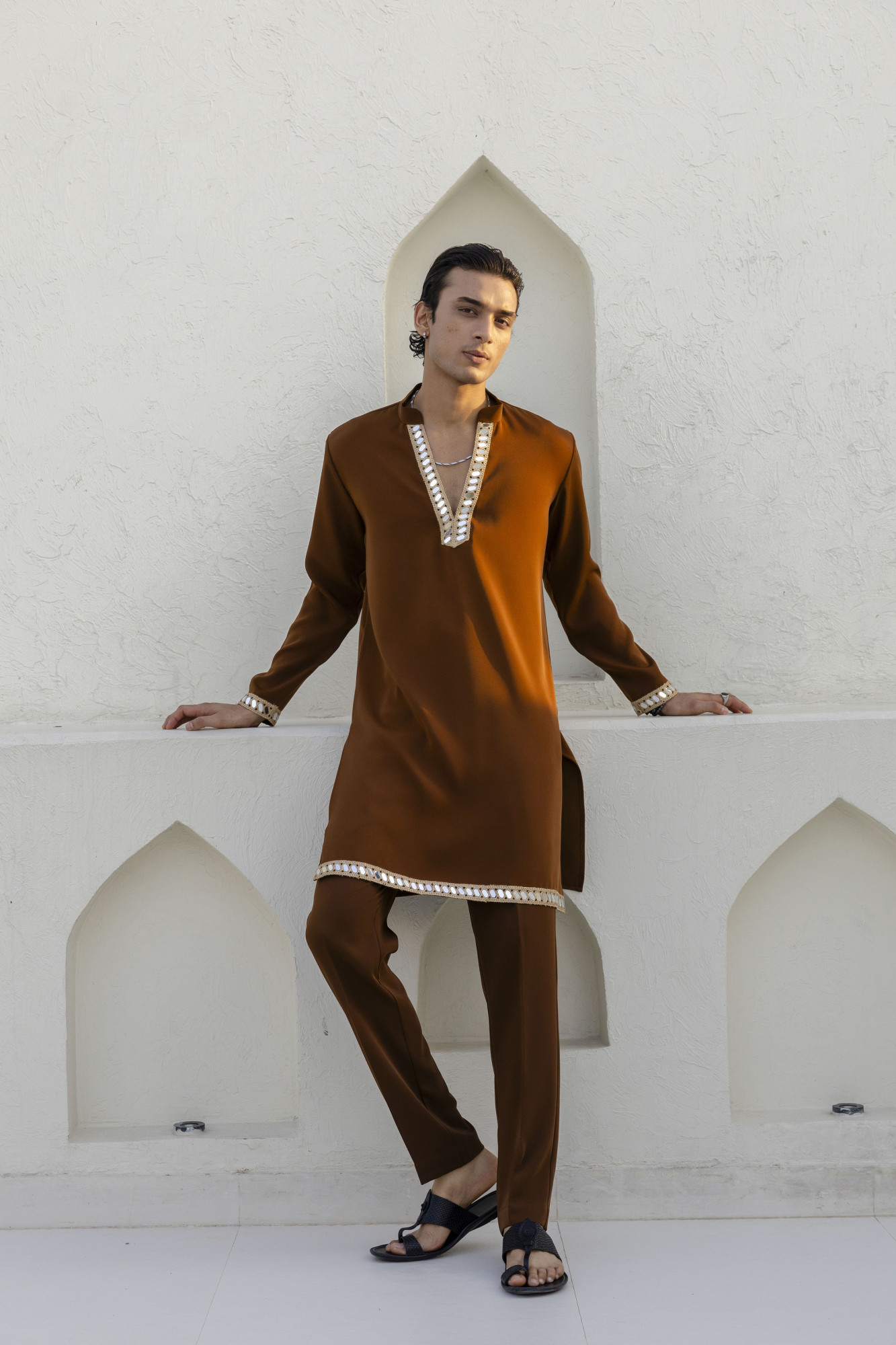 Mirror Laced Japanese Kurta In Tan