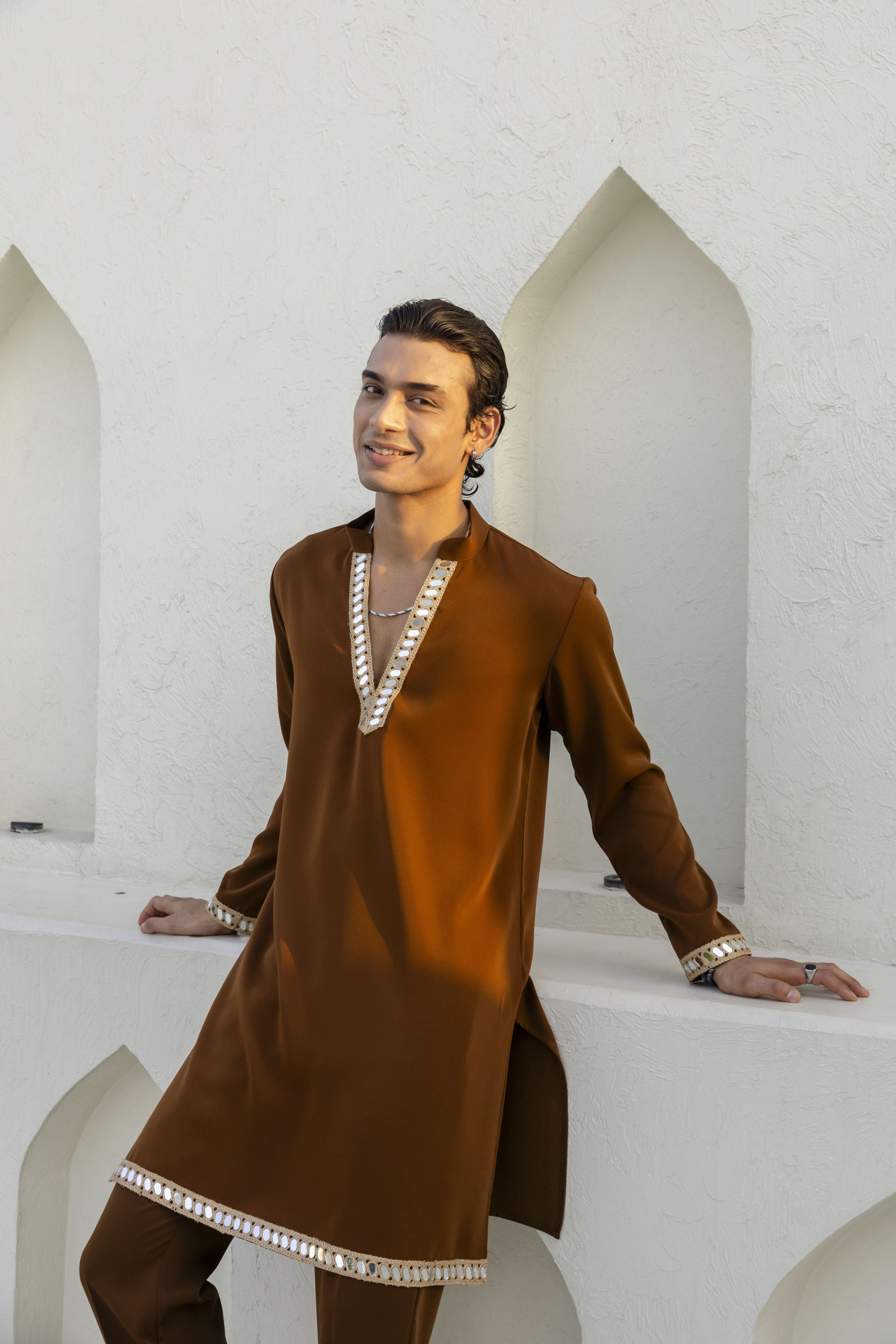Mirror Laced Japanese Kurta In Tan