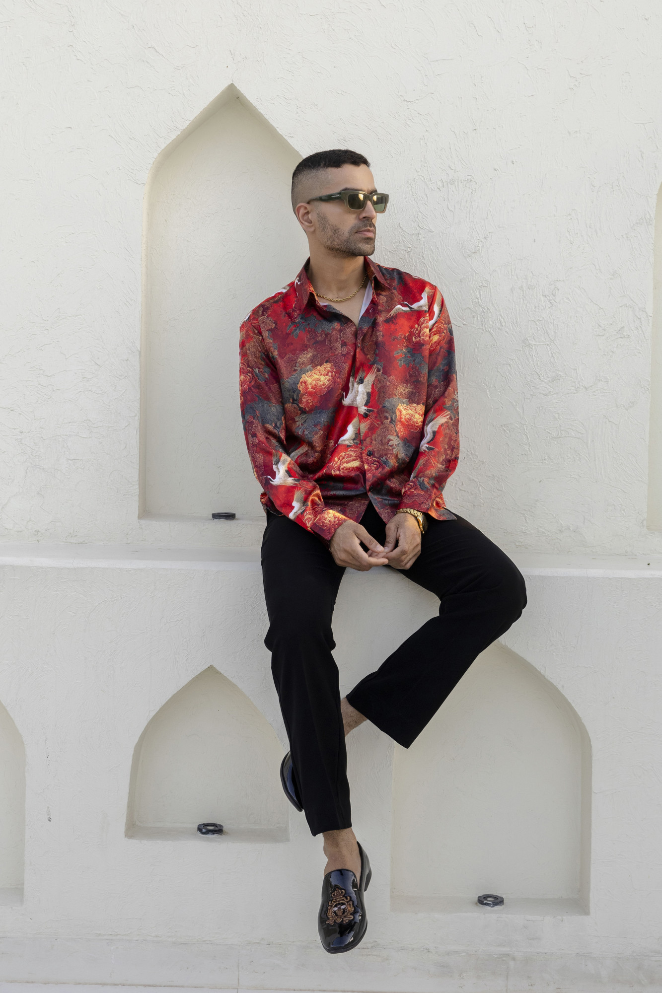 Abstract Print Satin Shirt In Red
