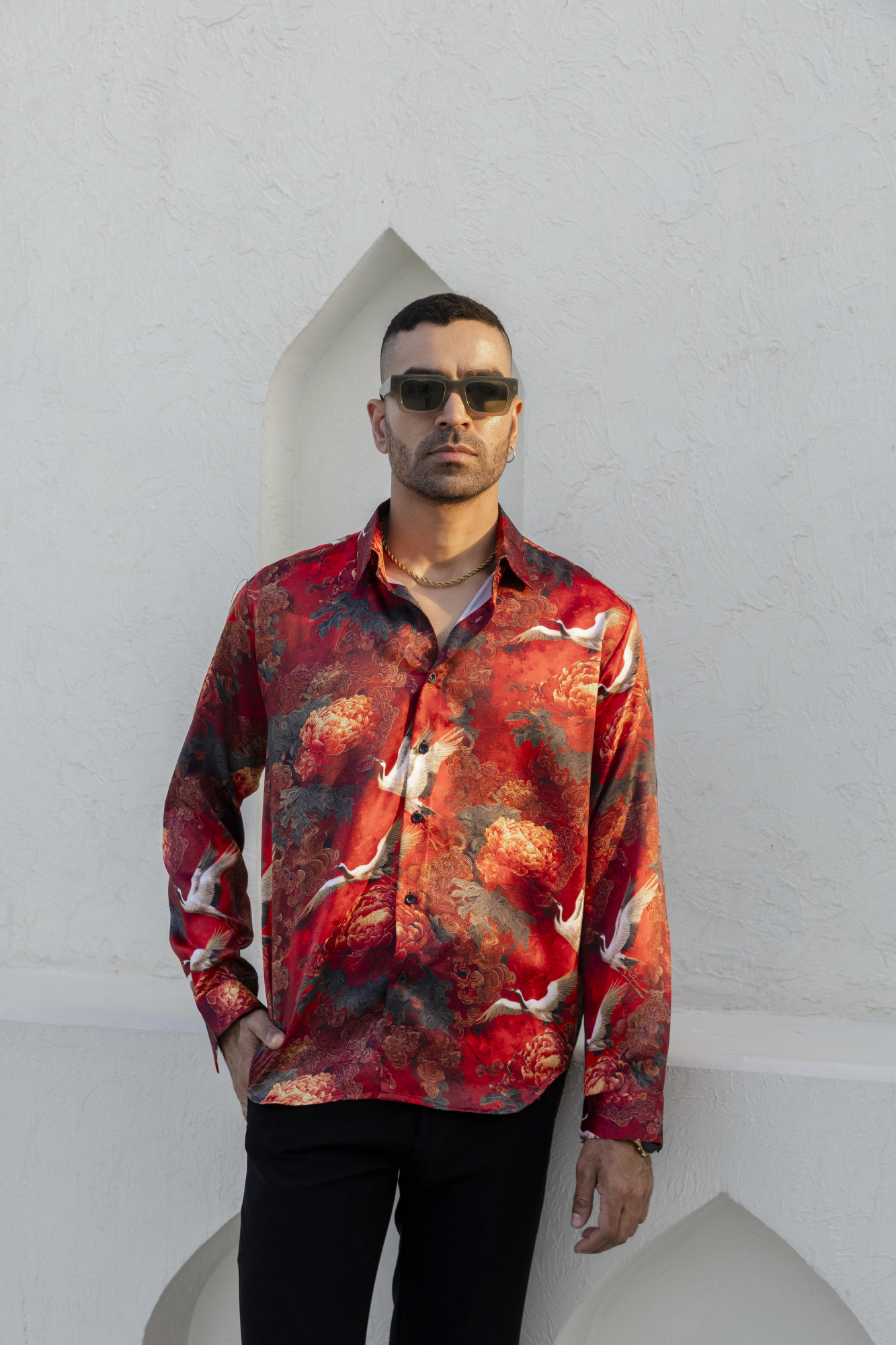 Abstract Print Satin Shirt In Red