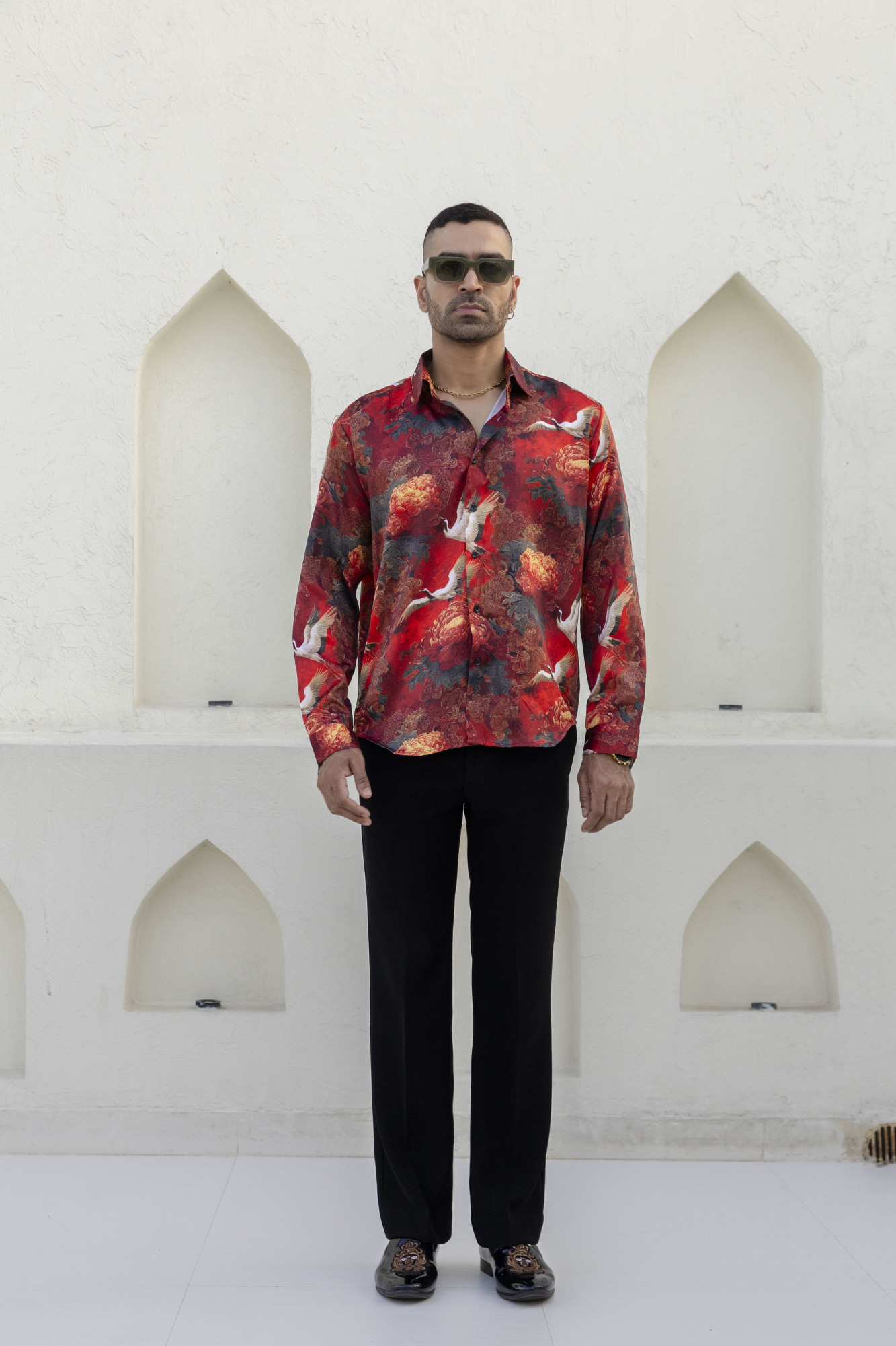 Abstract Print Satin Shirt In Red