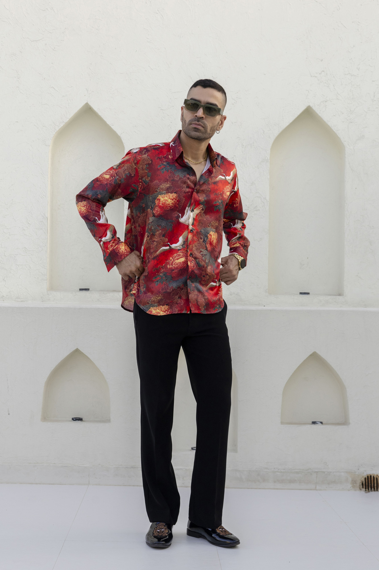Abstract Print Satin Shirt In Red
