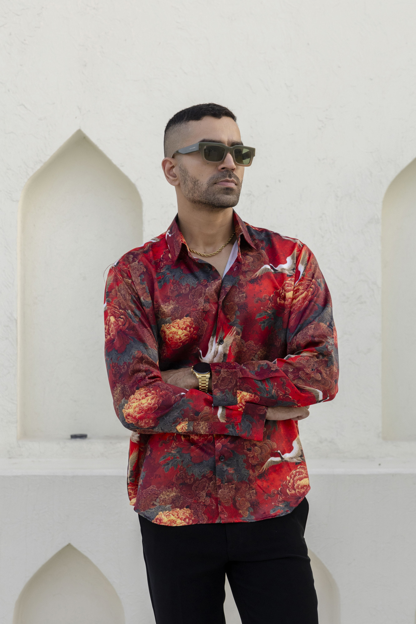 Abstract Print Satin Shirt In Red