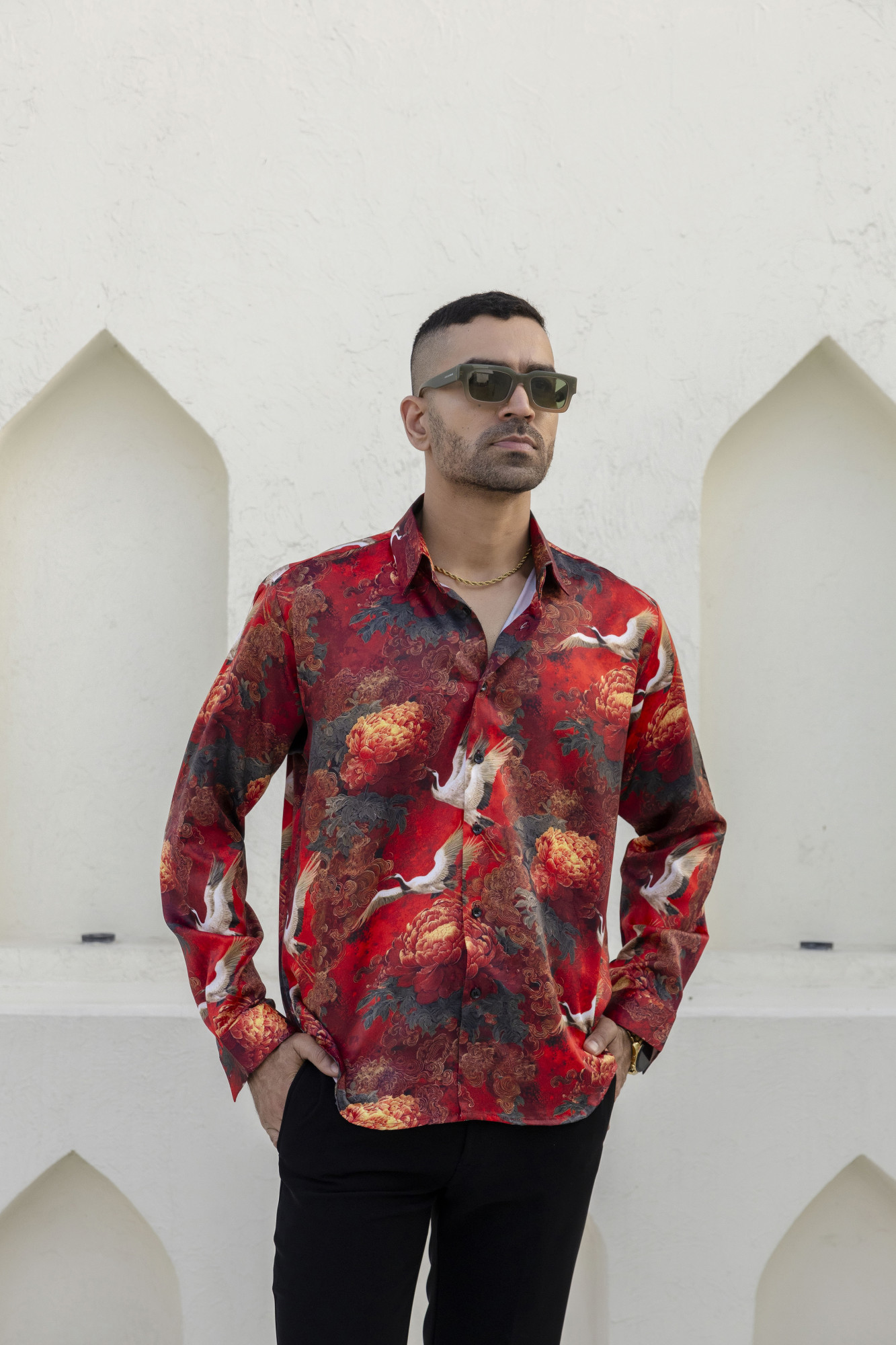 Abstract Print Satin Shirt In Red