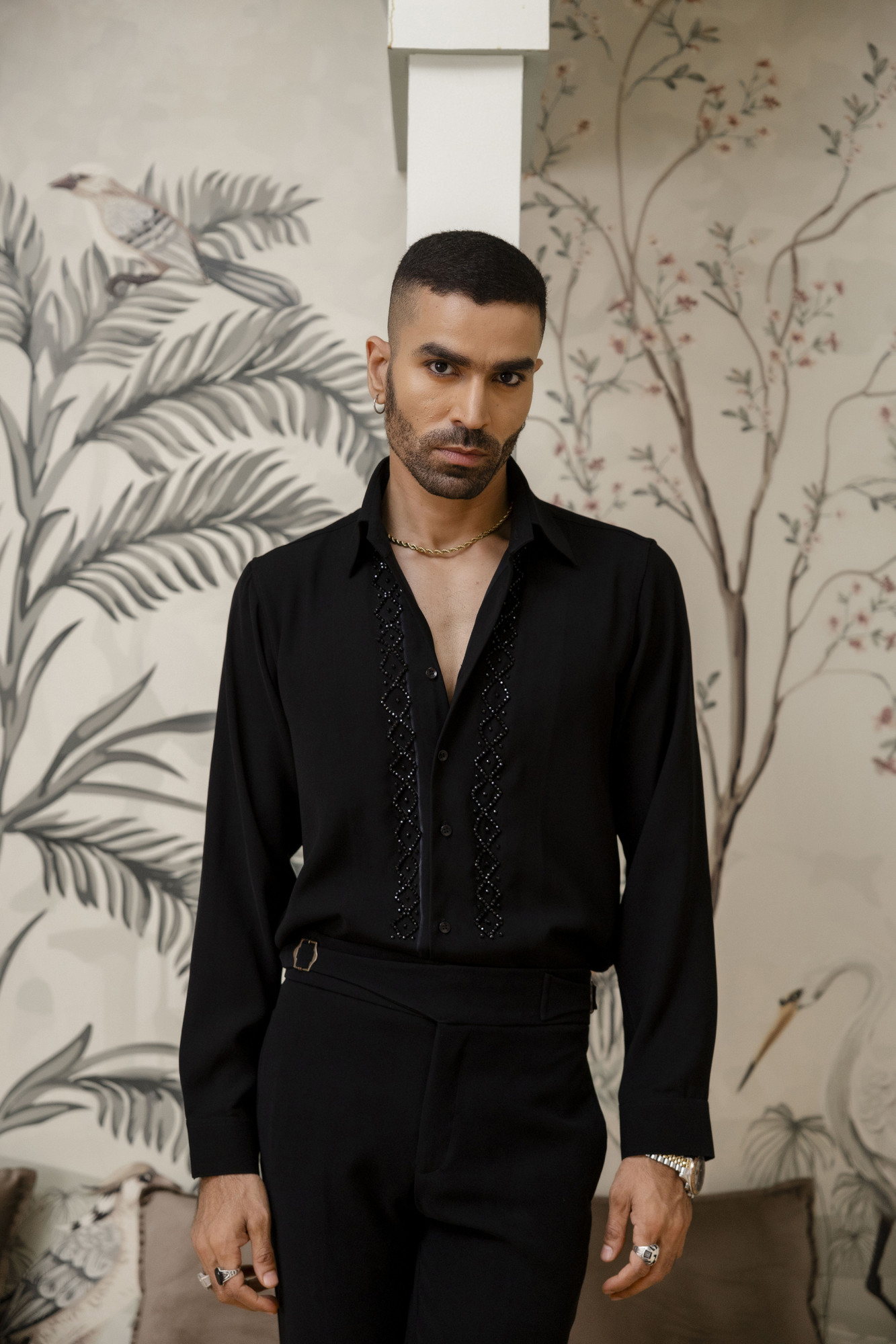 Stone Embroidered Japanese Shirt In Zed Black