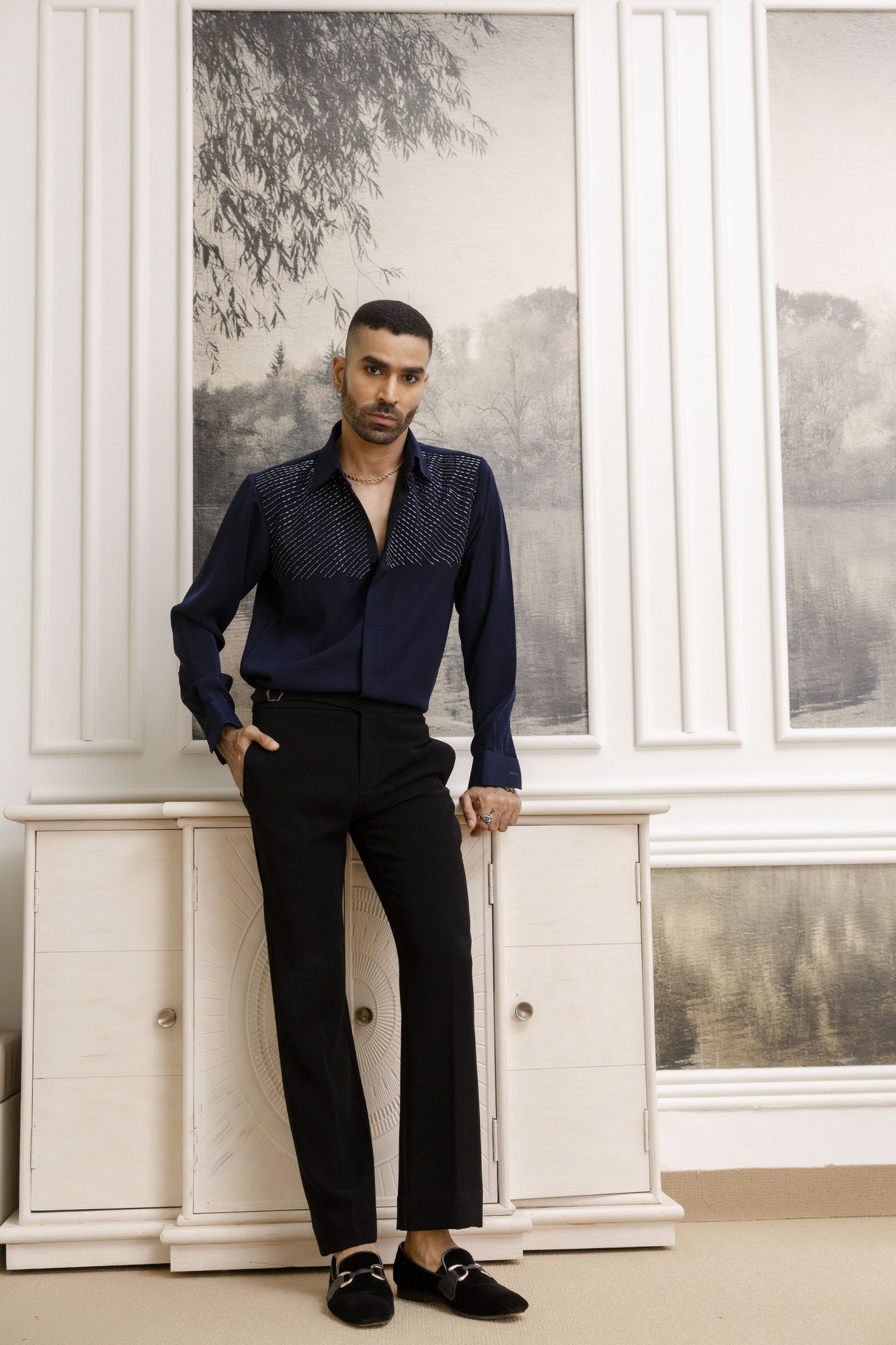 Stone Embroidered Japanese Shirt In Zed Blue