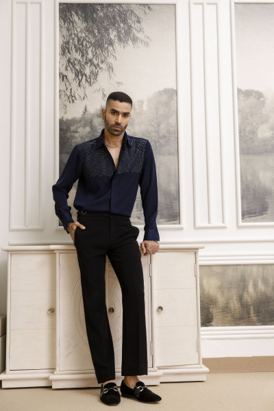 Stone Embroidered Japanese Shirt In Zed Blue