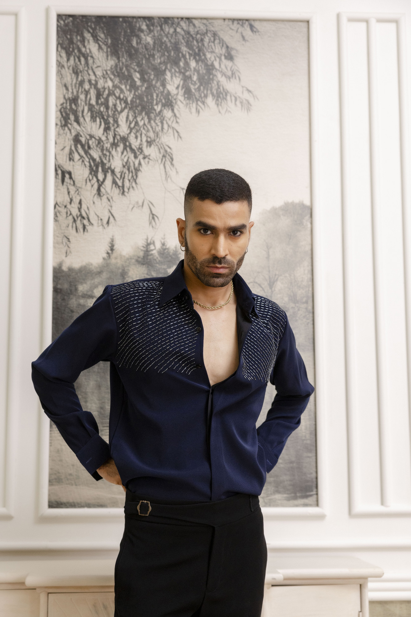 Stone Embroidered Japanese Shirt In Zed Blue