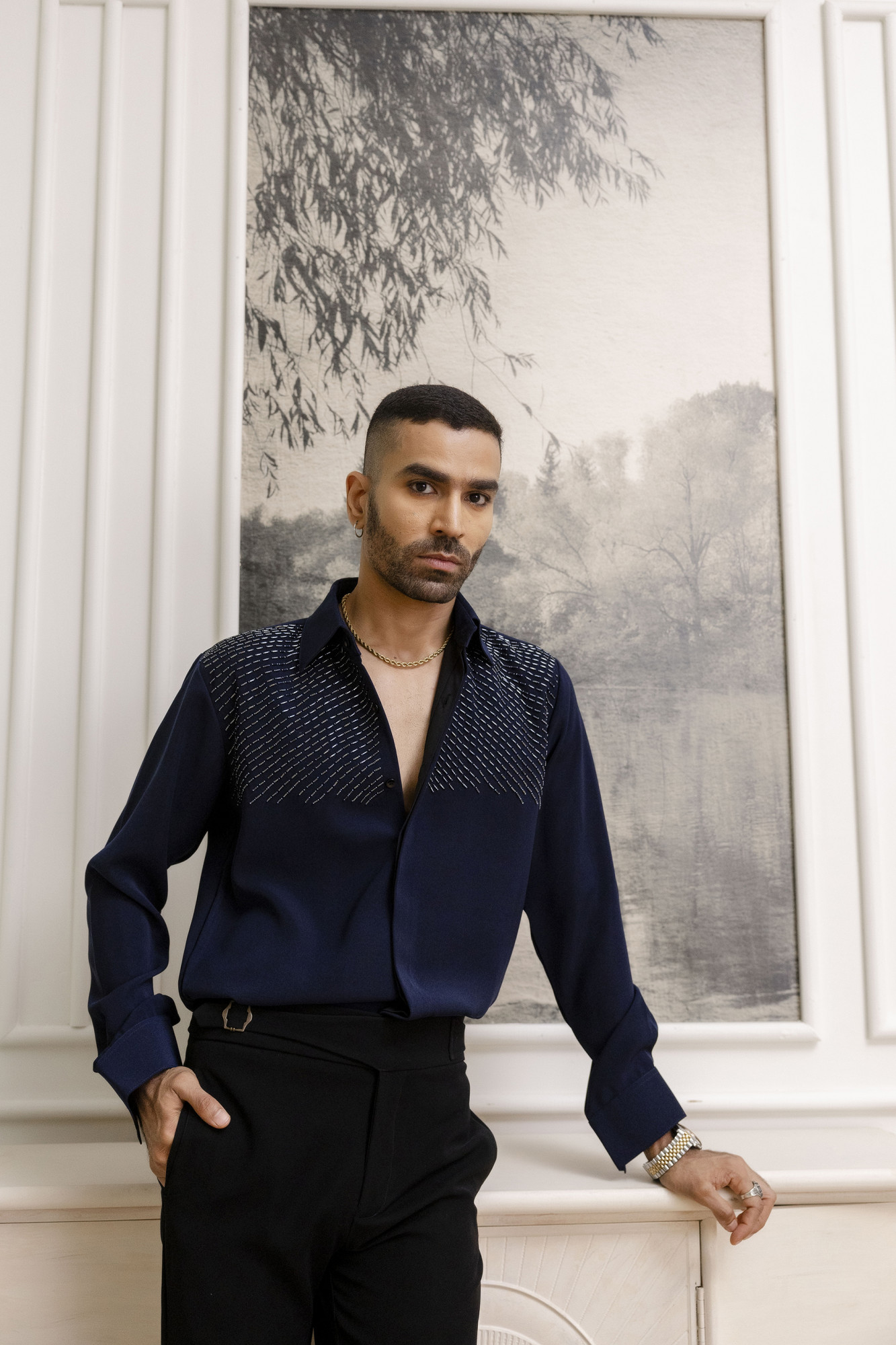 Stone Embroidered Japanese Shirt In Zed Blue