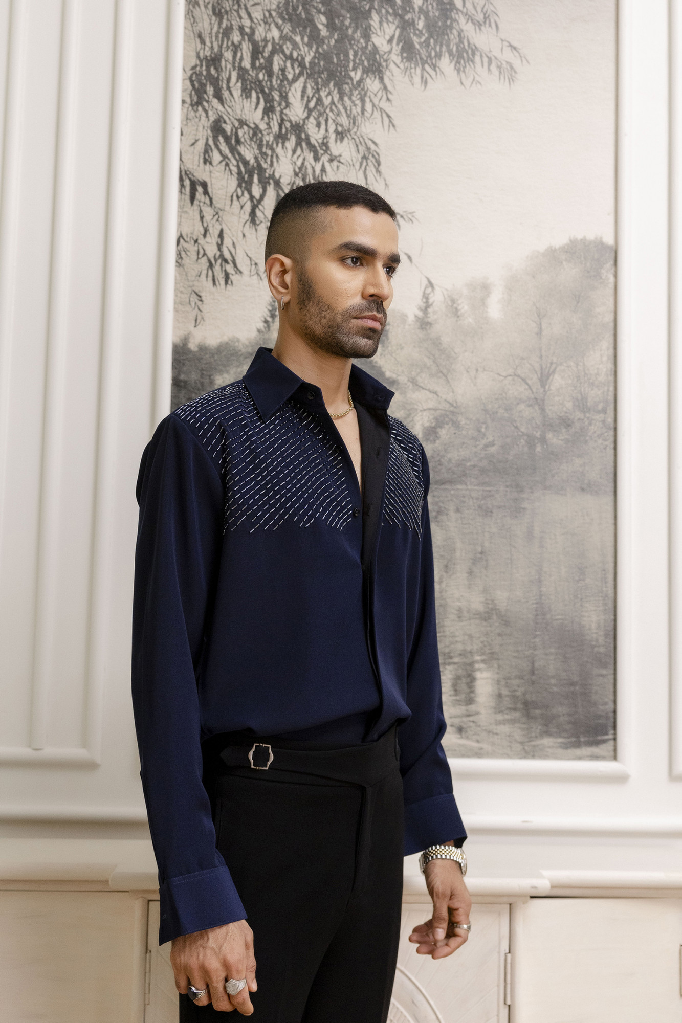 Stone Embroidered Japanese Shirt In Zed Blue