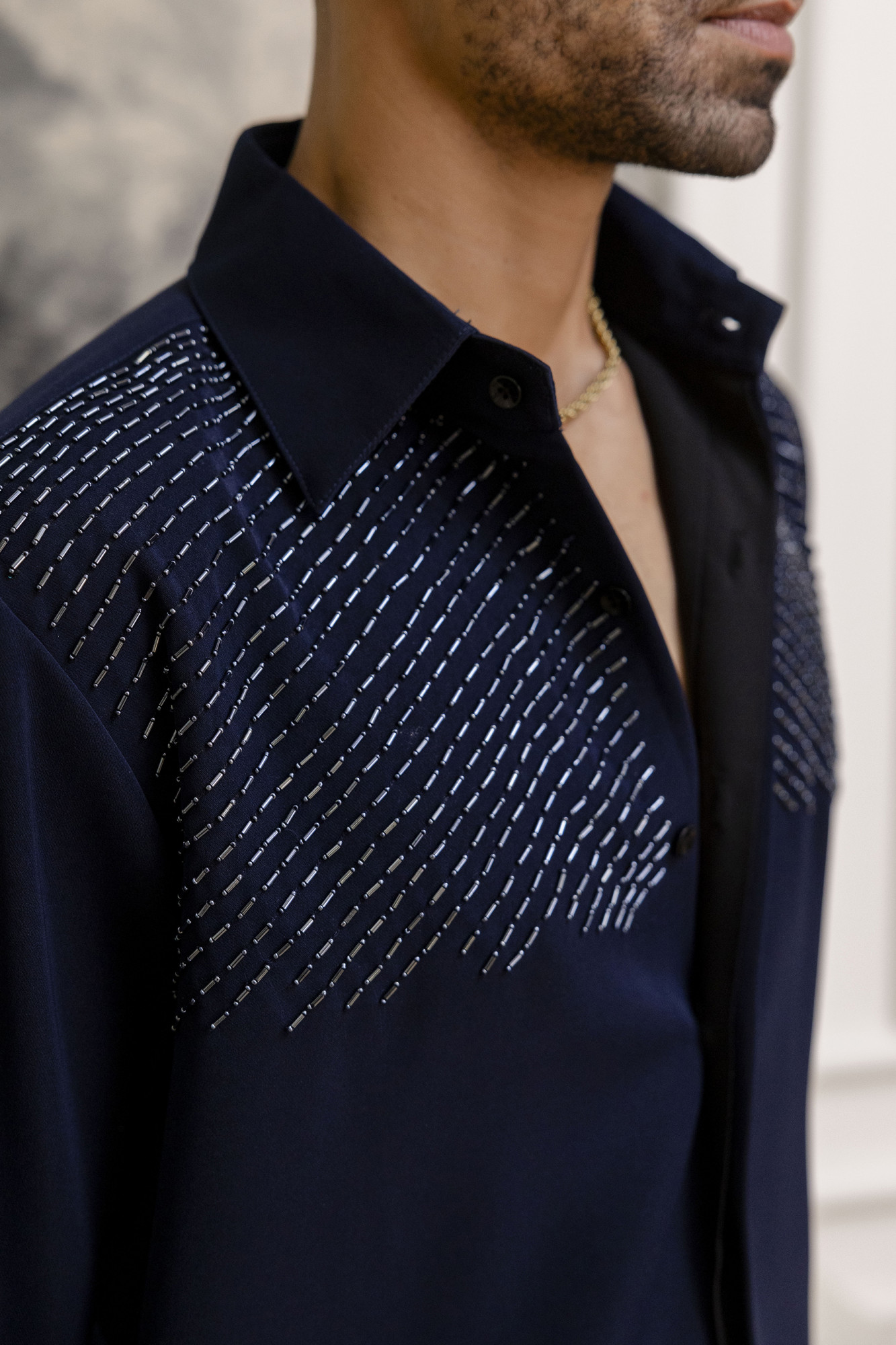 Stone Embroidered Japanese Shirt In Zed Blue