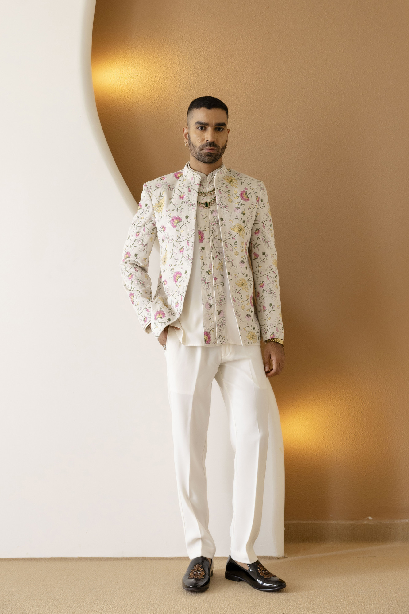 Velvet Embroidered Open Bandhgala Coat In Off White