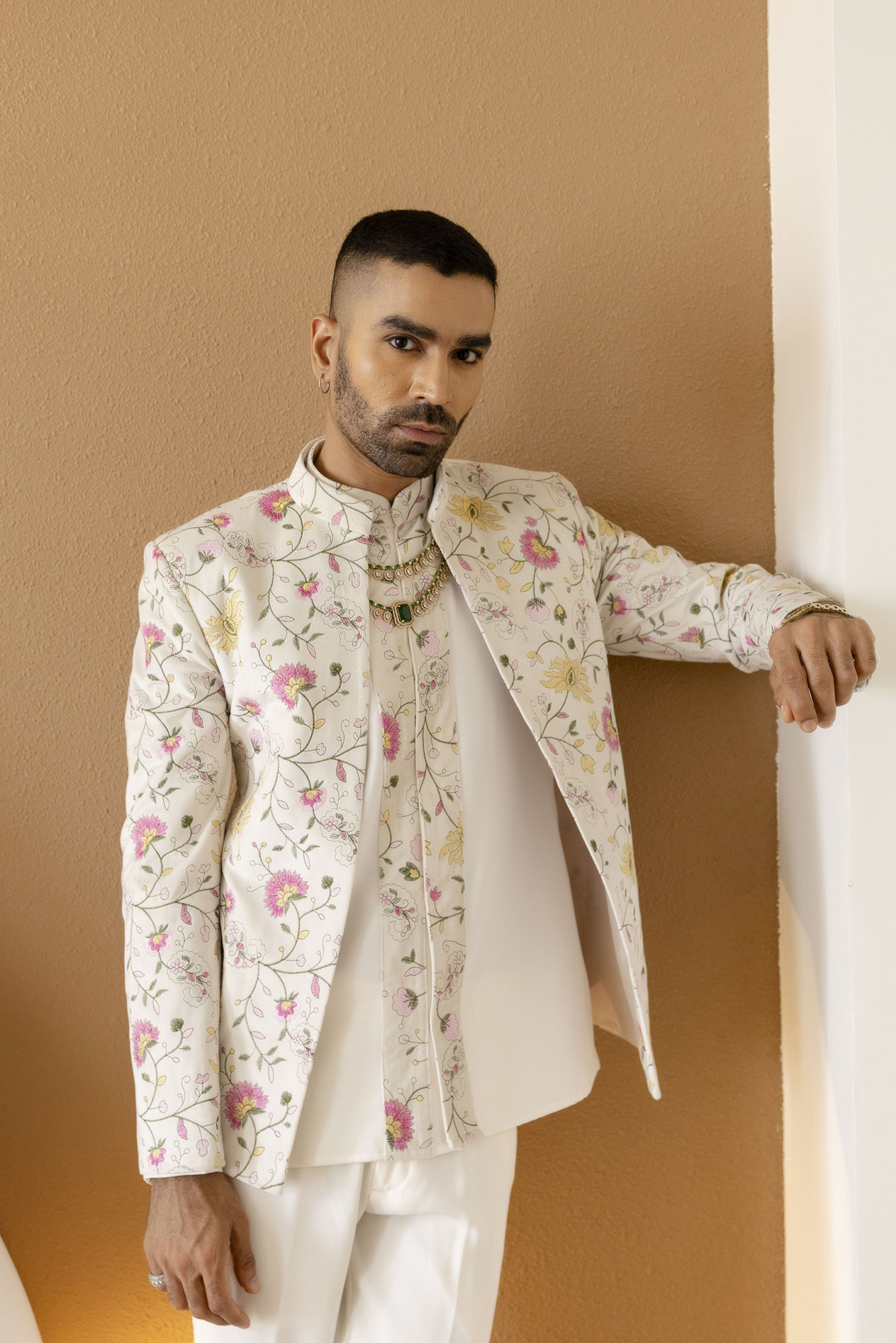 Velvet Embroidered Open Bandhgala Coat In Off White