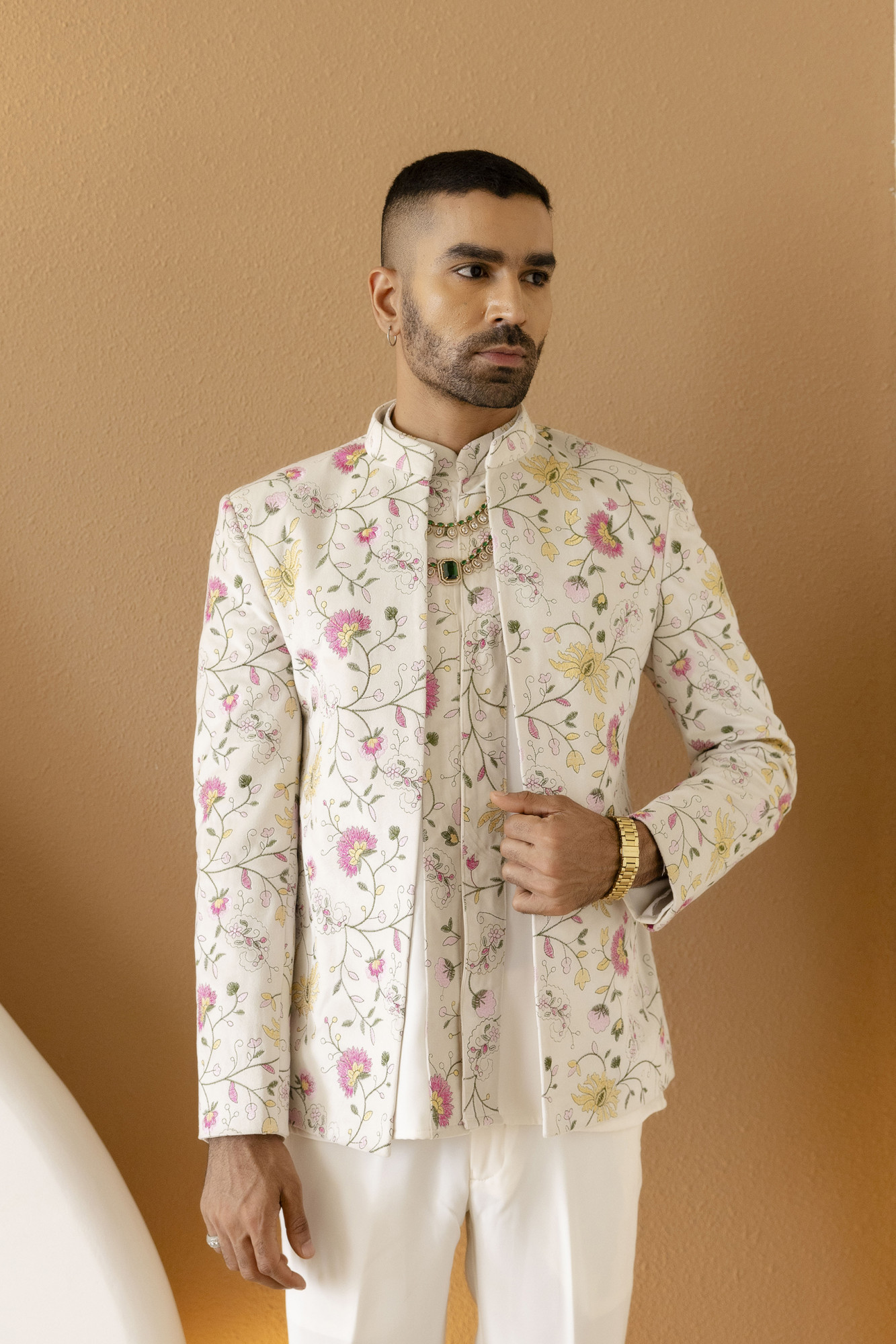 Velvet Embroidered Open Bandhgala Coat In Off White