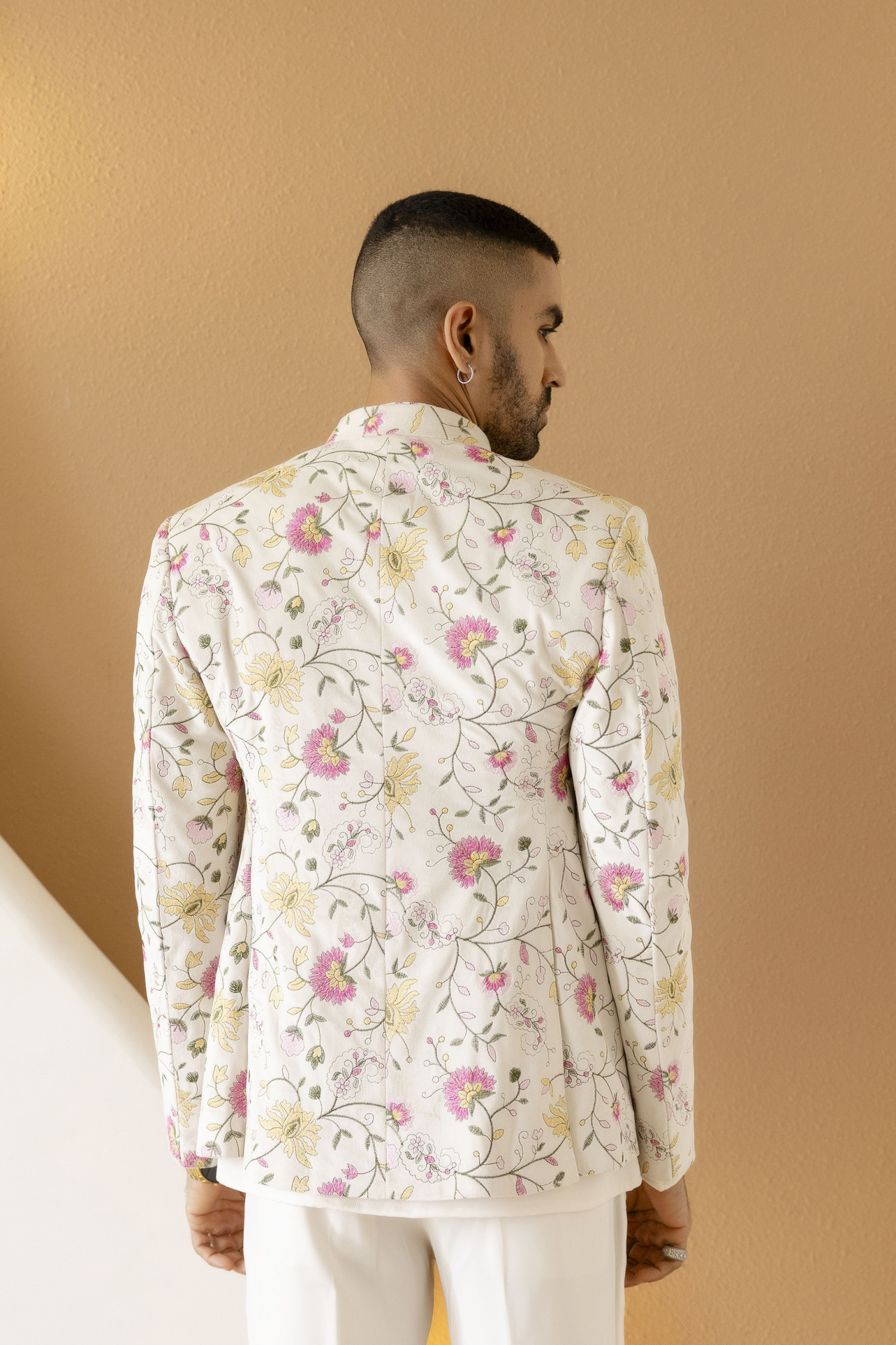Velvet Embroidered Open Bandhgala Coat In Off White