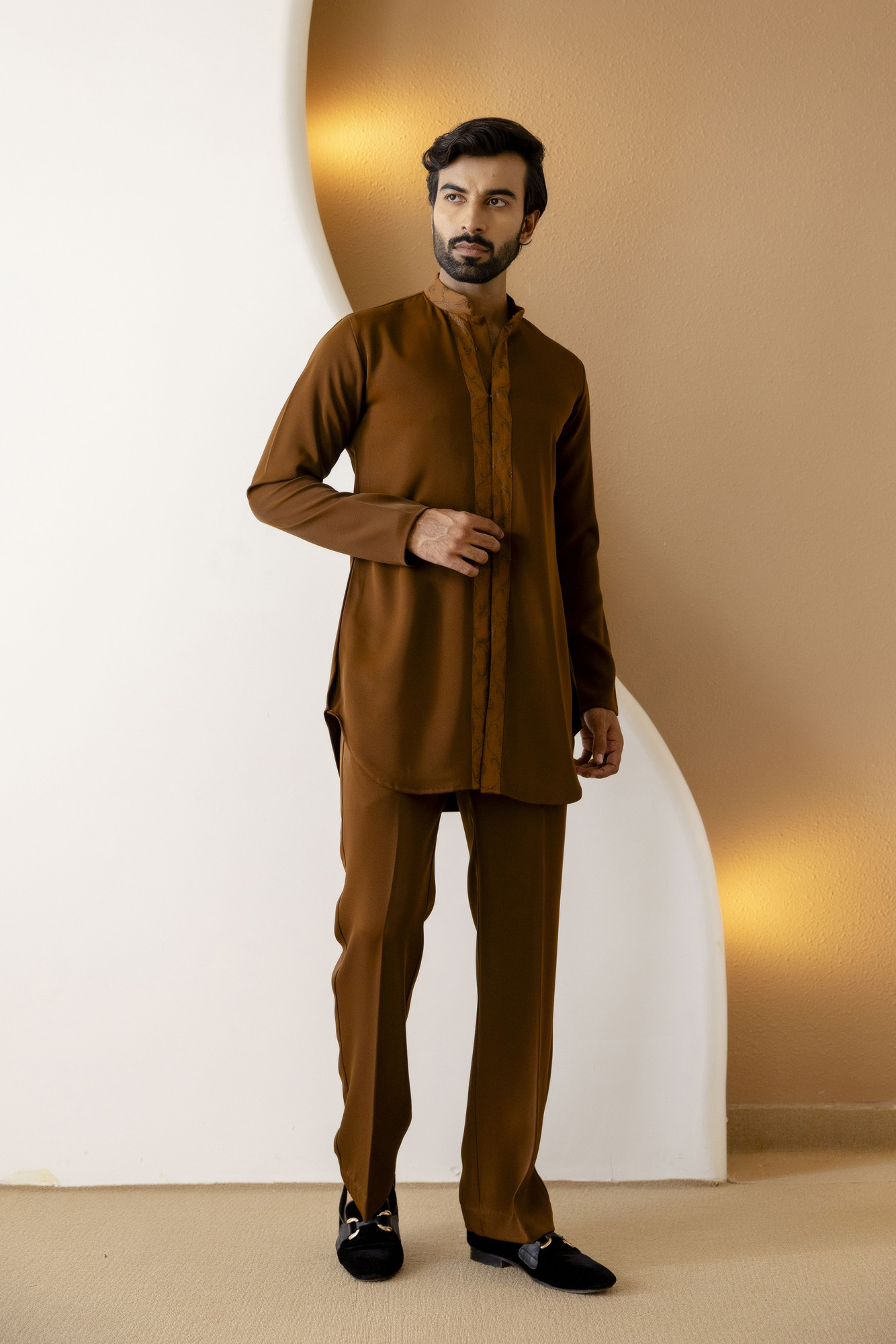 Open Up Laced Kurta In Tan