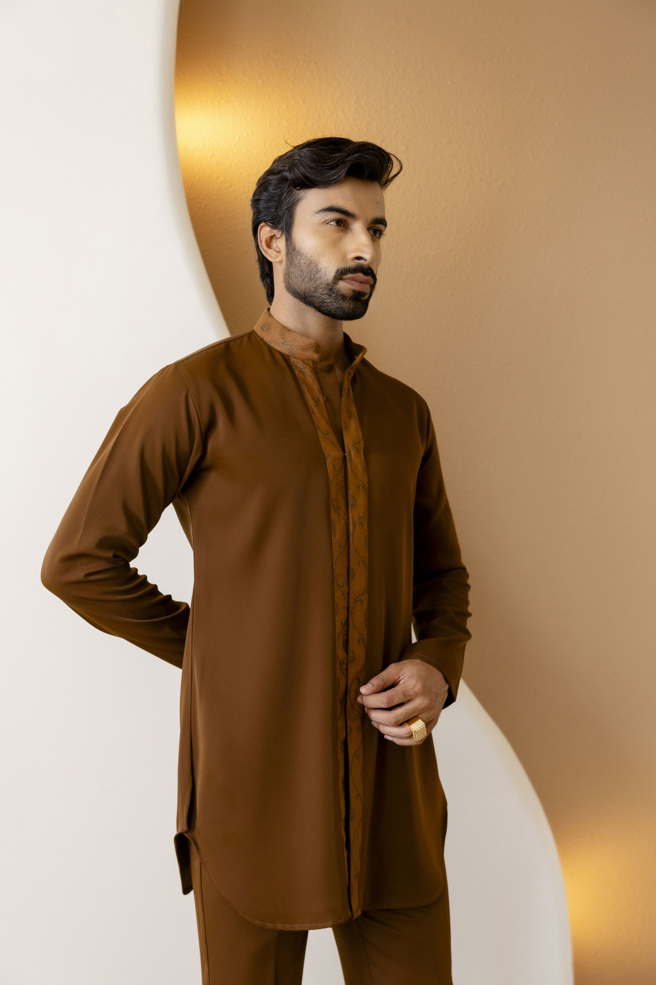 Open Up Laced Kurta In Tan