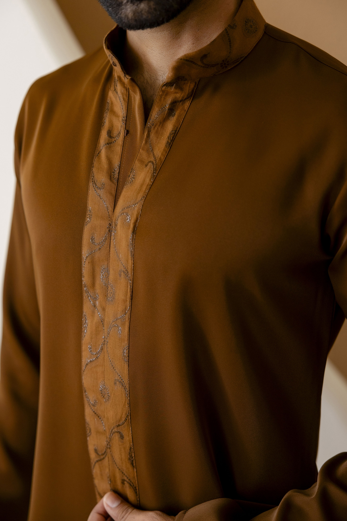 Open Up Laced Kurta In Tan